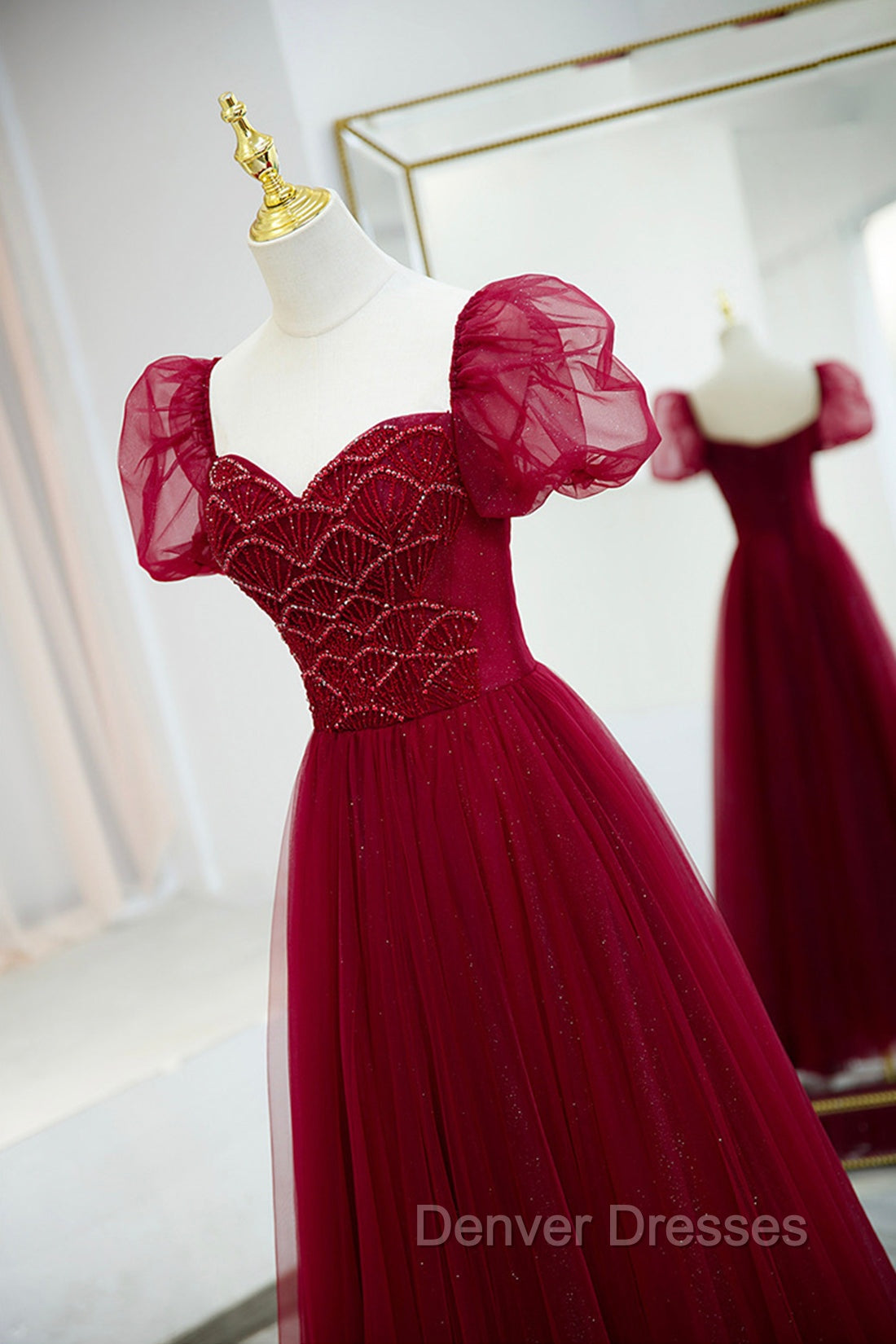 Burgundy Tulle Beaded Long Prom Dress, A-Line Short Sleeve Evening Dress