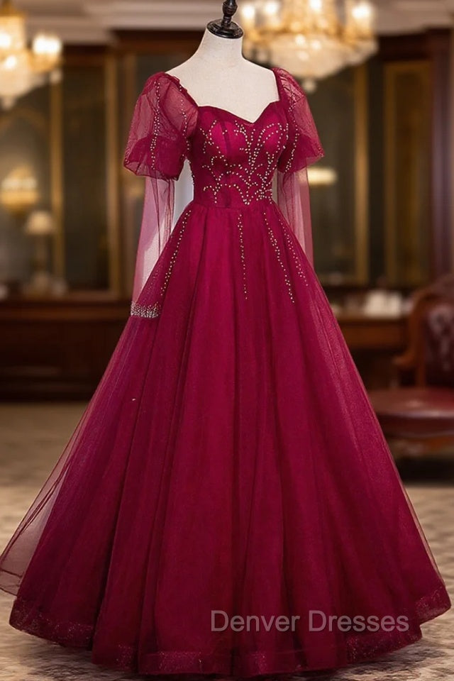 Burgundy Tulle Beaded Long Sleeve Prom Dress, A-Line Evening Graduation Dress