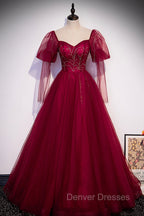 Burgundy Tulle Beaded Long Sleeve Prom Dress, A-Line Evening Graduation Dress