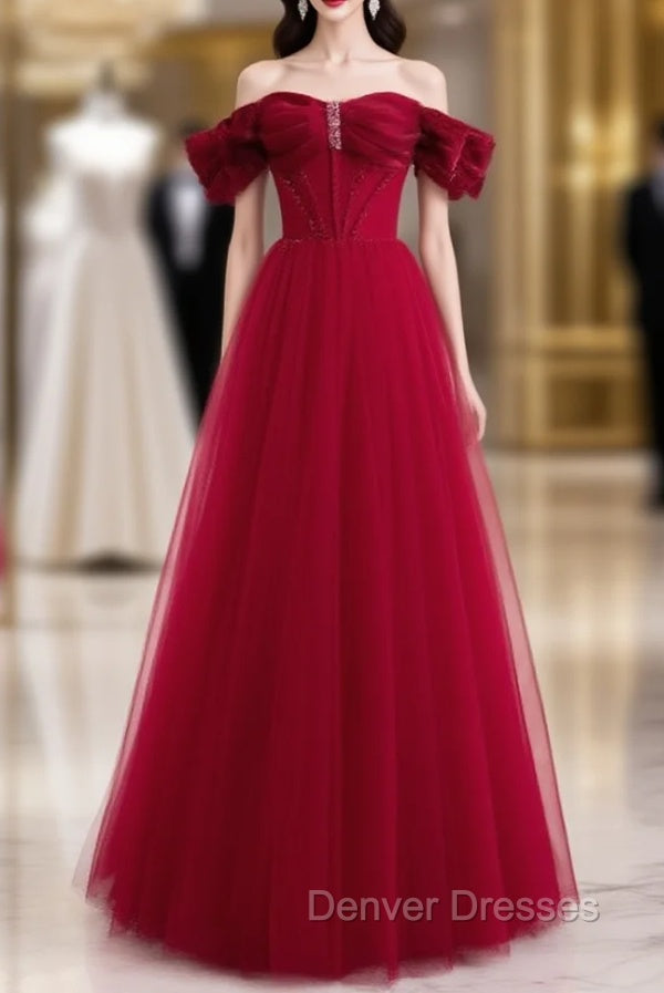 Burgundy Tulle Beading Off the Shoulder Prom Dress