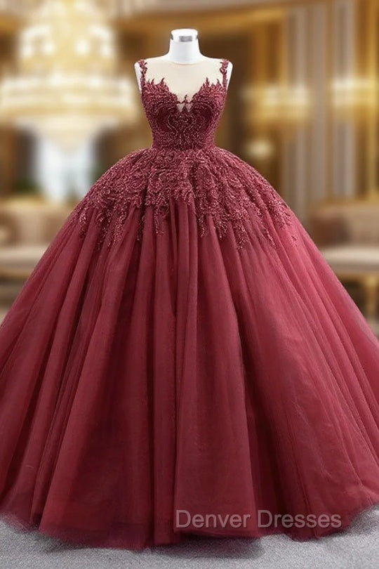 Burgundy Tulle Beading Sequins Illusion Neck Prom Dress Main image