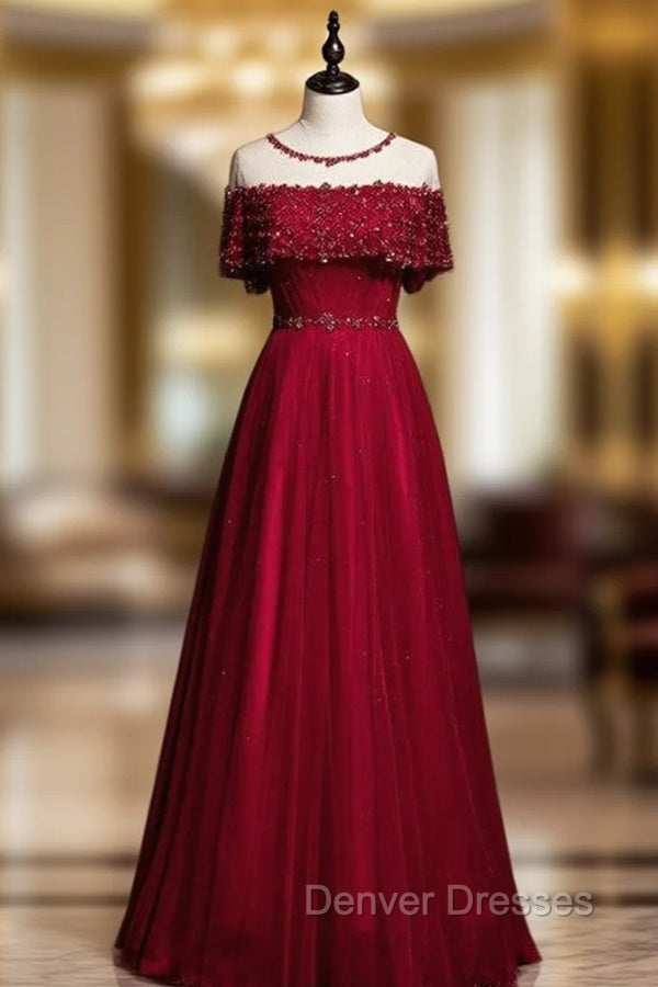 Burgundy Tulle Beading Sequins Lotus Leaf Sleeve Prom Dress Main image