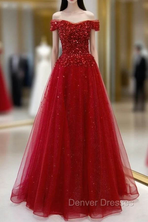 Burgundy Tulle Beading Sequins Off the Shoulder Prom Dress Main image
