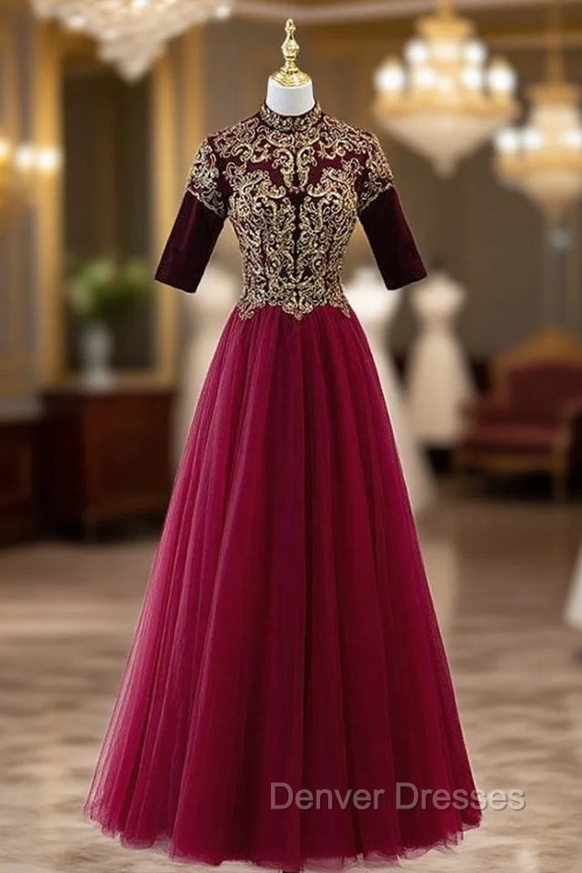 Burgundy Tulle Beading Short Sleeve Prom Dress Main image