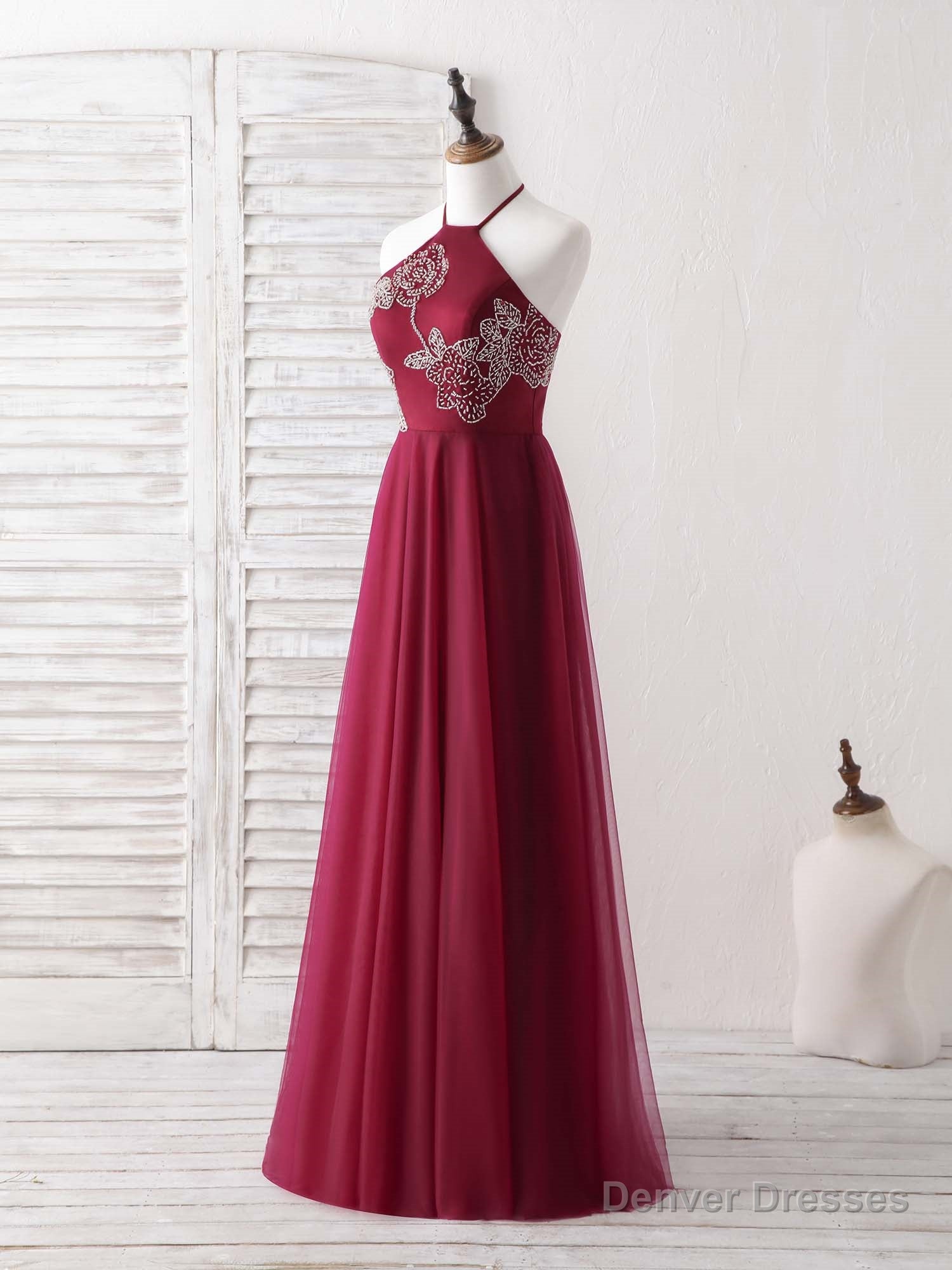 Burgundy Tulle Beads Long Prom Dress Burgundy Evening Dress Main image