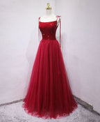 Burgundy tulle beads long prom dress, burgundy tulle formal dress