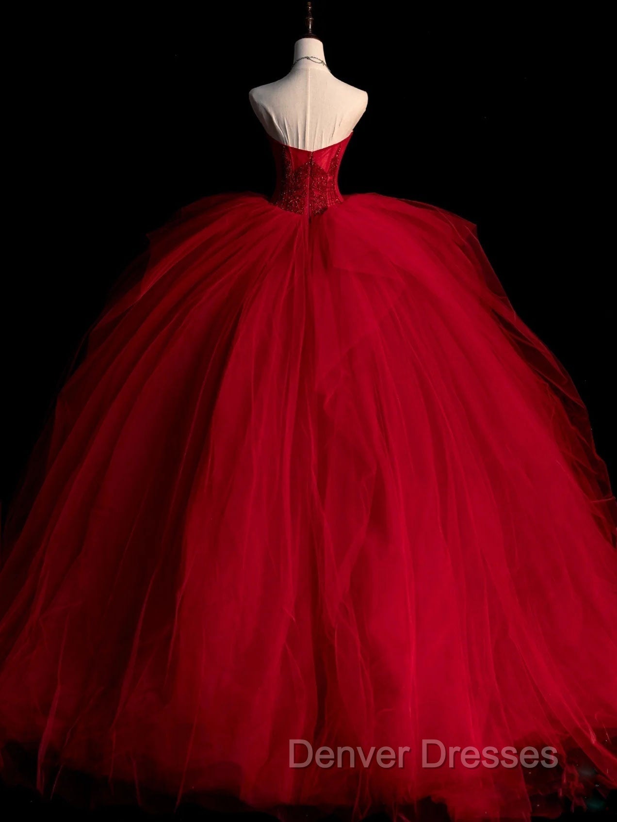 Burgundy Tulle Beads Long Prom Dress, Burgundy Tulle Formal Party Dress Secondary image