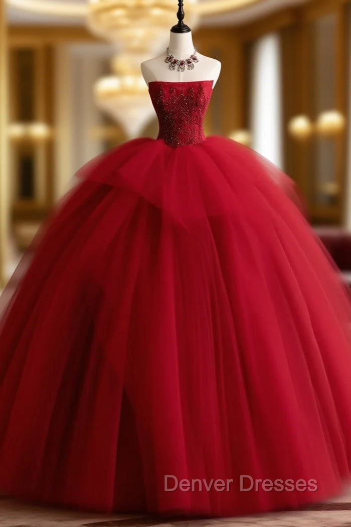 Burgundy Tulle Beads Long Prom Dress, Burgundy Tulle Formal Party Dress