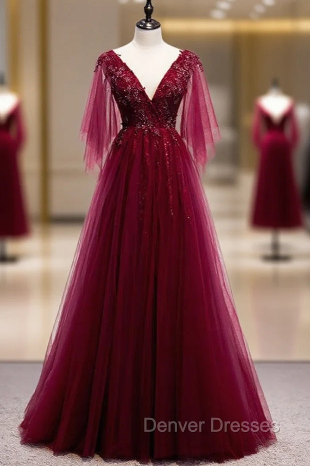 Burgundy Tulle Deep V-neck Beading Prom Dress