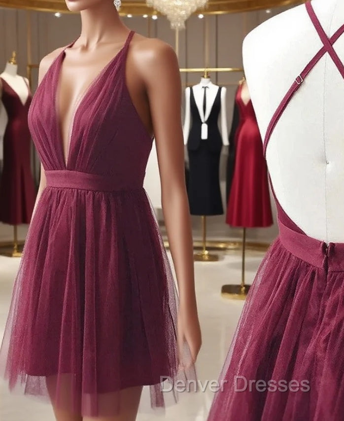 Burgundy Tulle Deep V-neck Homecoming Dress