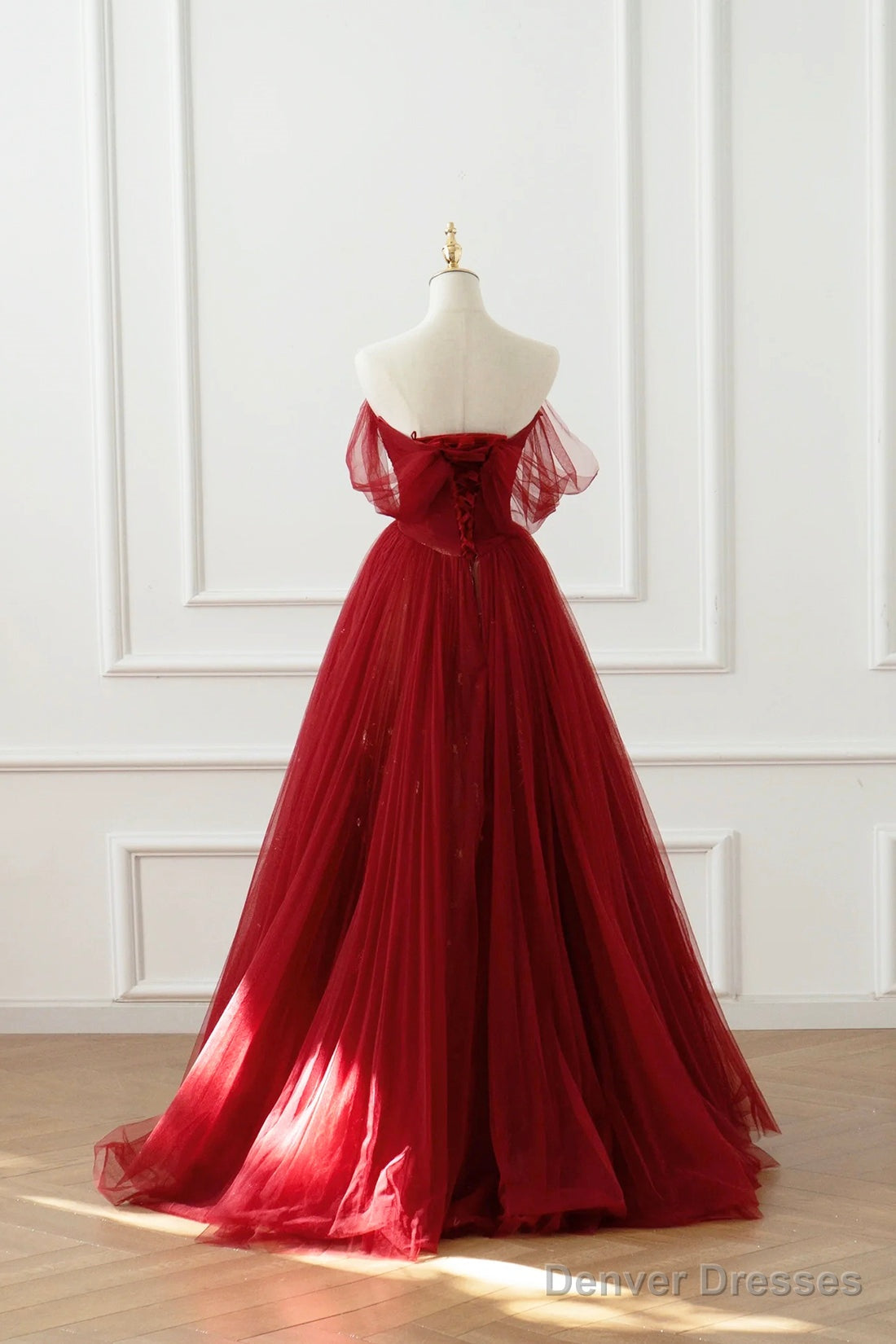 Burgundy Tulle Floor Length A-Line Formal Dress, Off The Shoulder Evening Party Dress