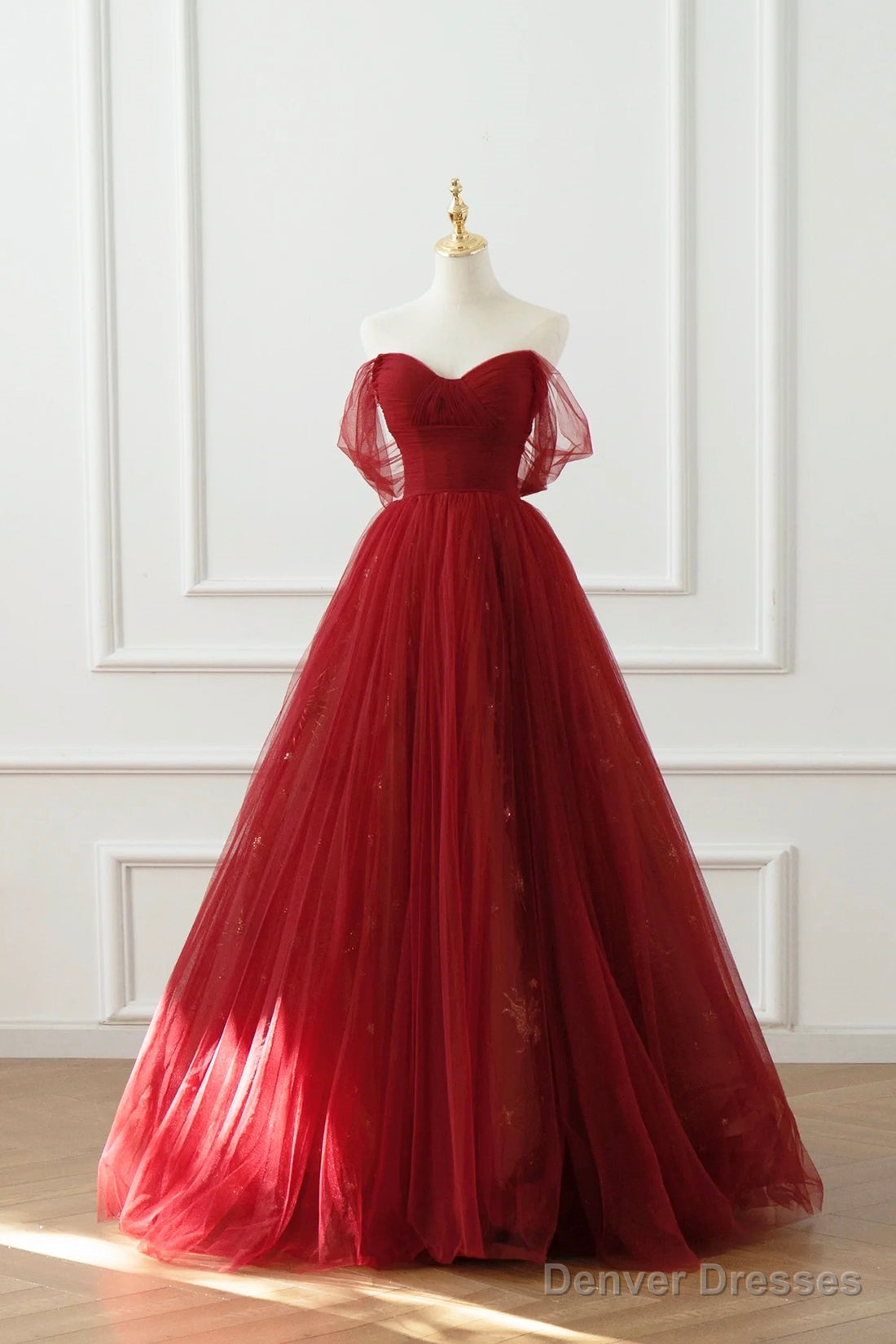 Burgundy Tulle Floor Length A-Line Formal Dress, Off The Shoulder Evening Party Dress Main image