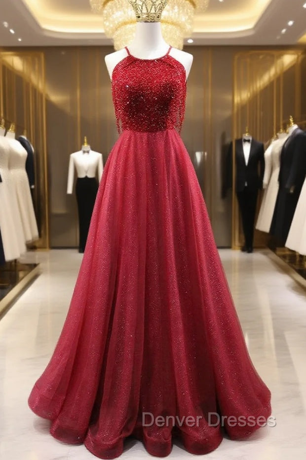 Burgundy Tulle Halter Beading Prom Dress Main image