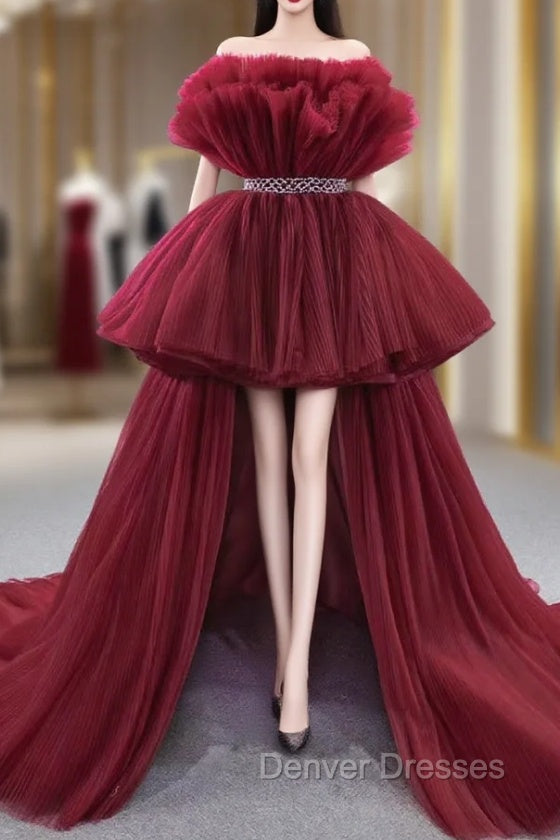 Burgundy Tulle Strapless Prom Dress Main image
