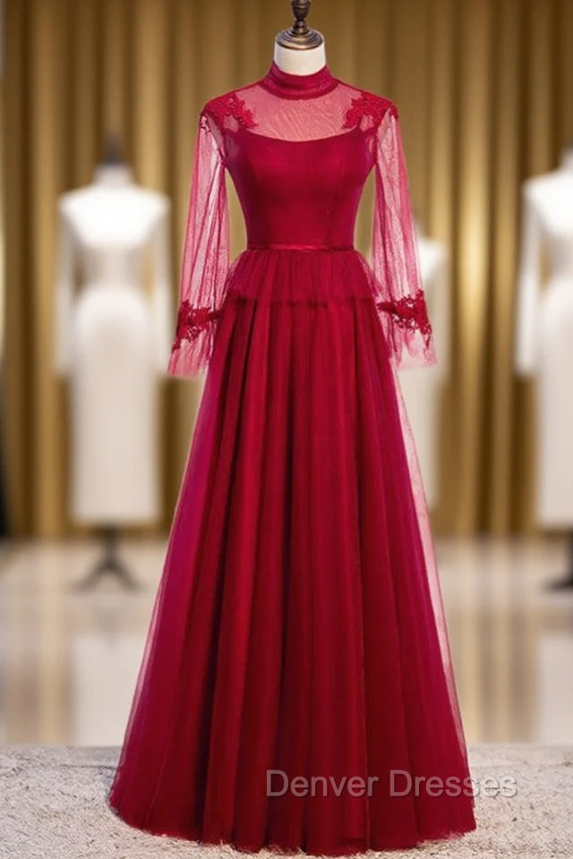 Burgundy Tulle High Neck Long Sleeve Backless Prom Dress