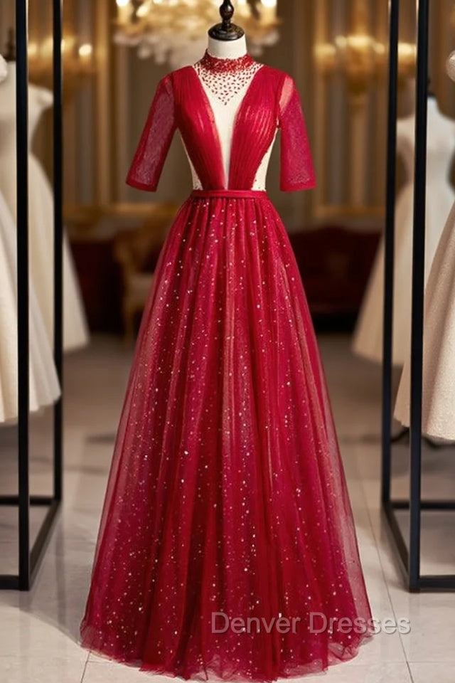 Burgundy Tulle High Neck Short Sleeve Pleats Beading Prom Dress Main image