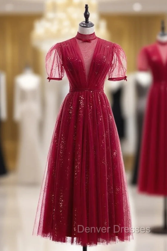 Burgundy Tulle High Neck Short Sleeve Prom Dress Main image
