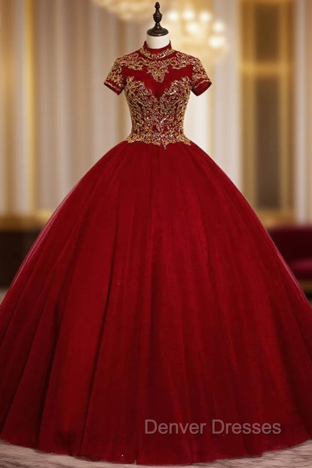 Burgundy Tulle High Neck Short Sleeve Quinceanera Dress Main image