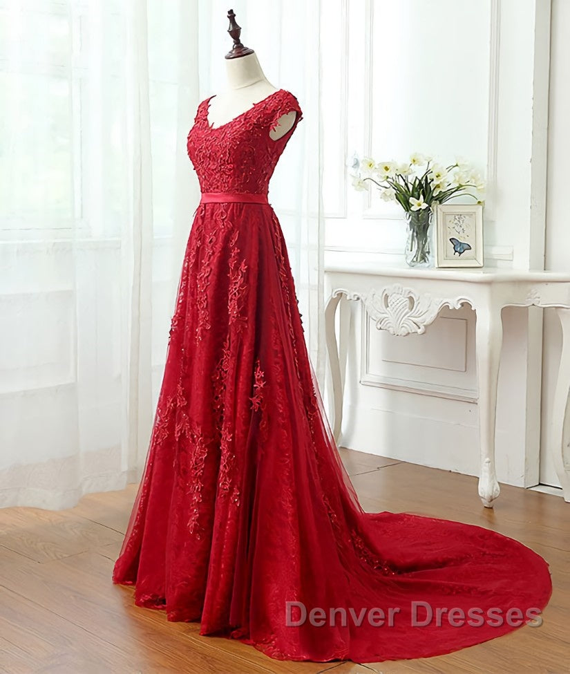 Burgundy tulle lace applique long prom Dress, burgundy evening Dress