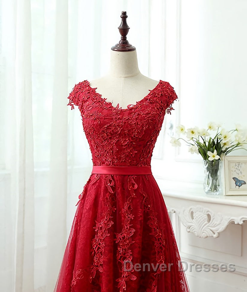 Burgundy tulle lace applique long prom Dress, burgundy evening Dress