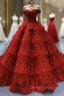 Burgundy Tulle Lace Appliques Off the Shoulder Prom Dress With Beading