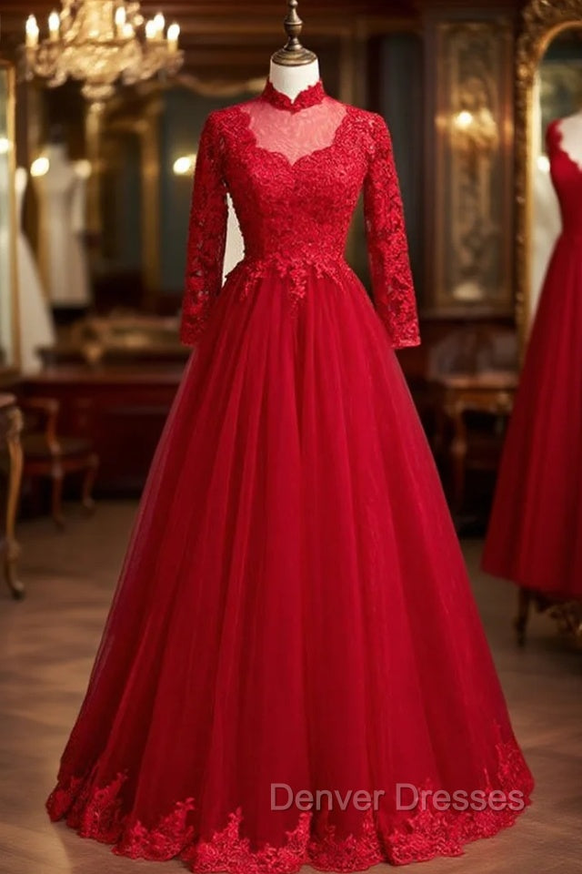 Burgundy Tulle Lace High Neck Long Sleeve Backless Prom Dress