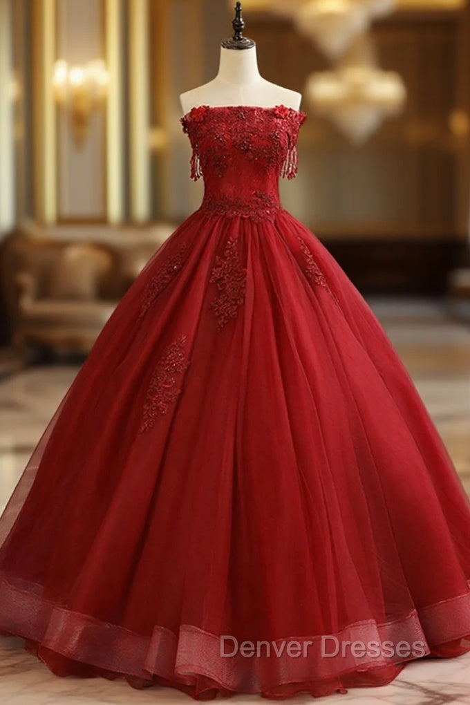 Burgundy Tulle Lace Long Prom Dress, Burgundy A-Line Evening Gown Main image