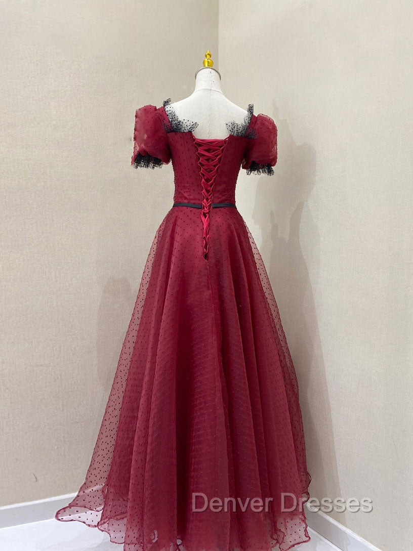 Burgundy Tulle Lace Long Prom Dress, Burgundy Evening Dress