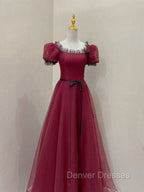 Burgundy Tulle Lace Long Prom Dress, Burgundy Evening Dress