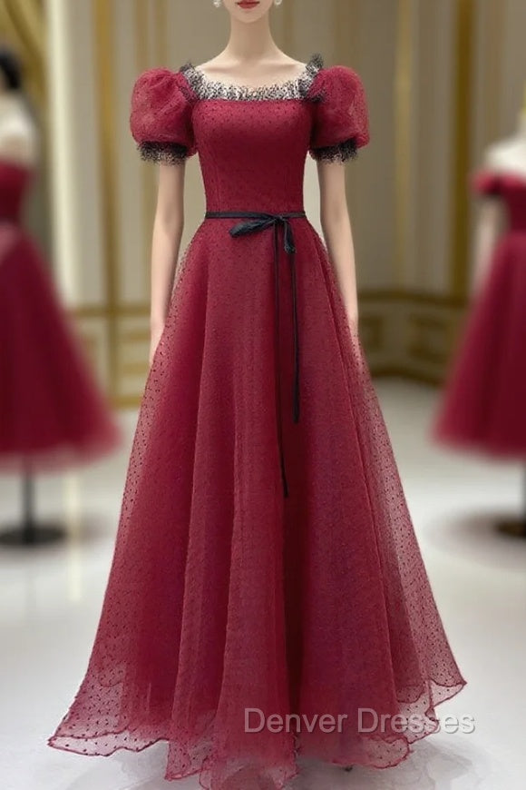 Burgundy Tulle Lace Long Prom Dress, Burgundy Evening Dress Main image