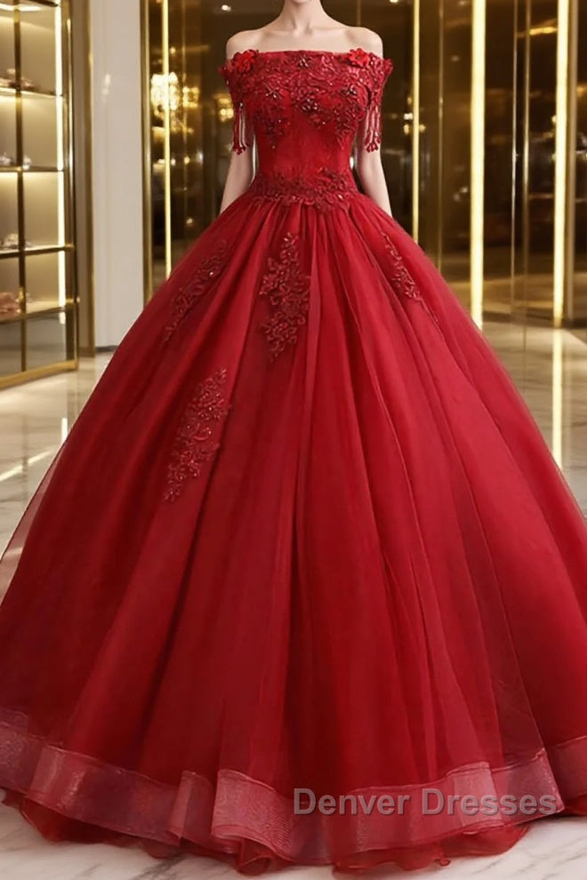 Burgundy tulle lace long prom Dress burgundy tulle formal Dress Main image