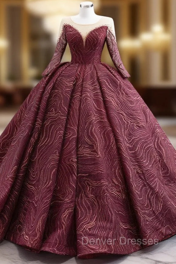 Burgundy Tulle Lace Long Sleeve Prom Dress Main image