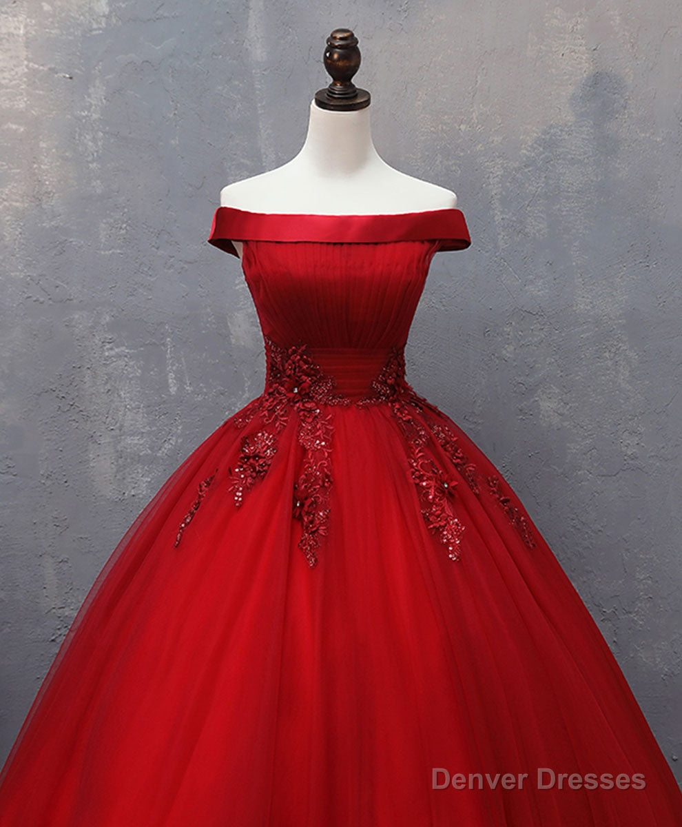 Burgundy Tulle Lace Off Shoulder Long Prom Gown Burgundy Evening Dress