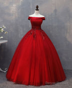 Burgundy Tulle Lace Off Shoulder Long Prom Gown Burgundy Evening Dress