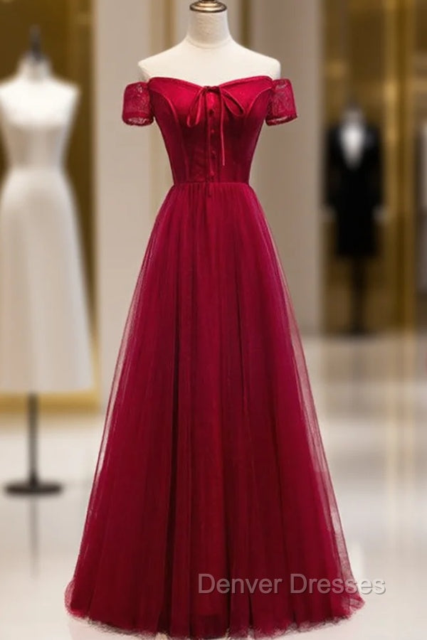 Burgundy Tulle Lace Off the Shoulder Prom Dress With Button Main image