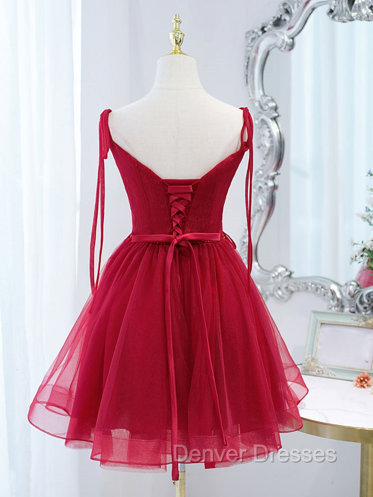 Burgundy Tulle Lace Short Prom Dress, Burgundy Homecoming Dress Secondary image