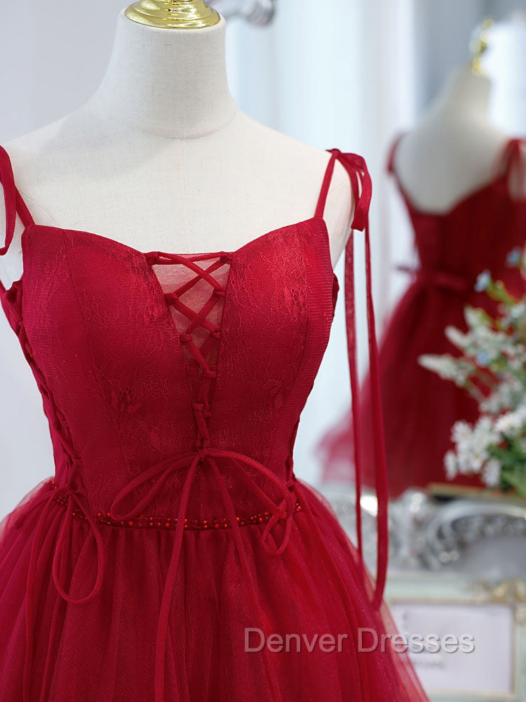 Burgundy Tulle Lace Short Prom Dress, Burgundy Homecoming Dress