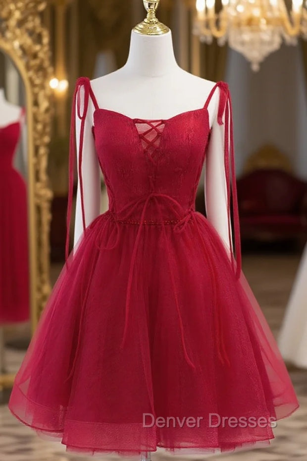 Burgundy Tulle Lace Short Prom Dress, Burgundy Homecoming Dress Main image