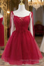 Burgundy Tulle Lace Short Prom Dress, Burgundy Homecoming Dress