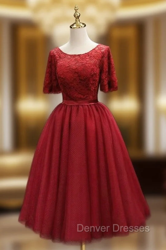 Burgundy Tulle Lace Short Sleeve Homecoming Dress