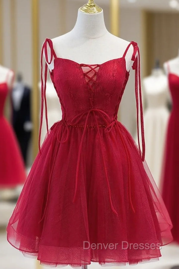 Burgundy Tulle Lace Spaghetti Straps Beading Homecoming Dress Main image