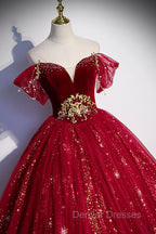Burgundy Tulle Long A-Line Ball Gown, Off the Shoulder Evening Party Dress