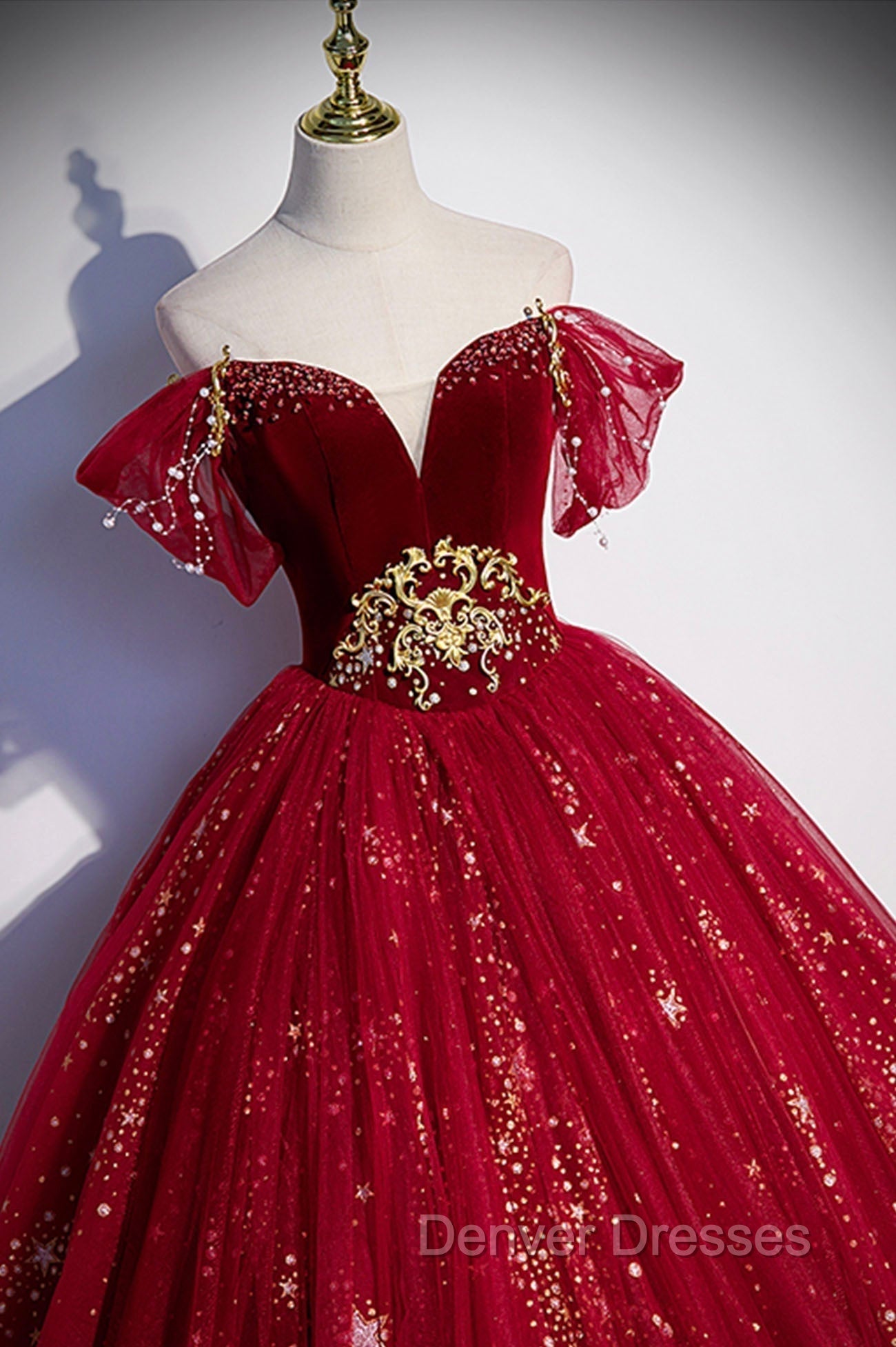 Burgundy Tulle Long A-Line Ball Gown, Off the Shoulder Evening Party Dress