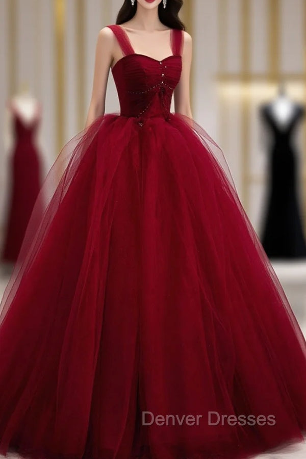 Burgundy Tulle Long A-Line Evening Dress, Off the Shoulder Formal Party Dress