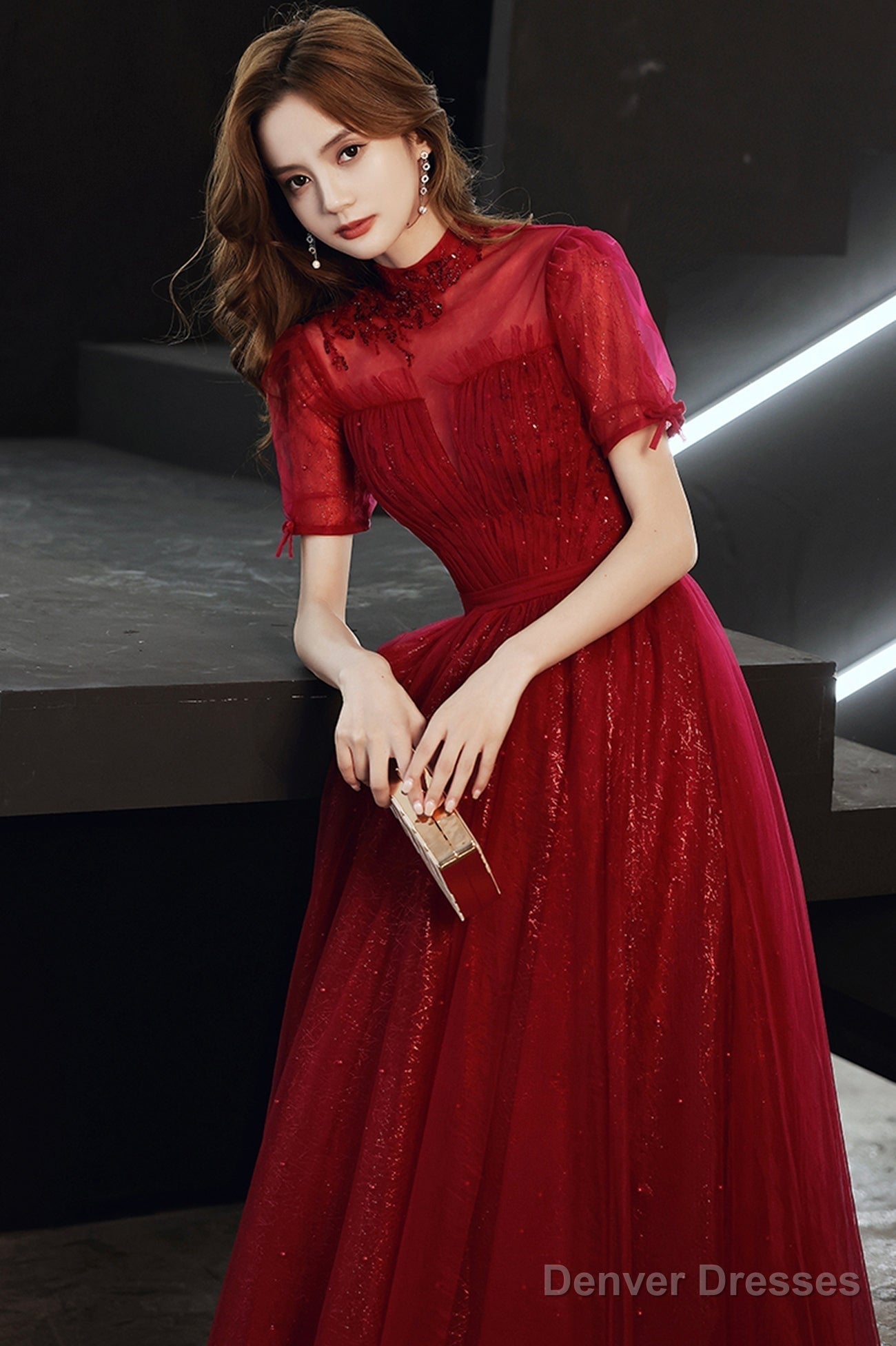 Burgundy Tulle Long A-Line Prom Dress, Burgundy Lace Evening Dress