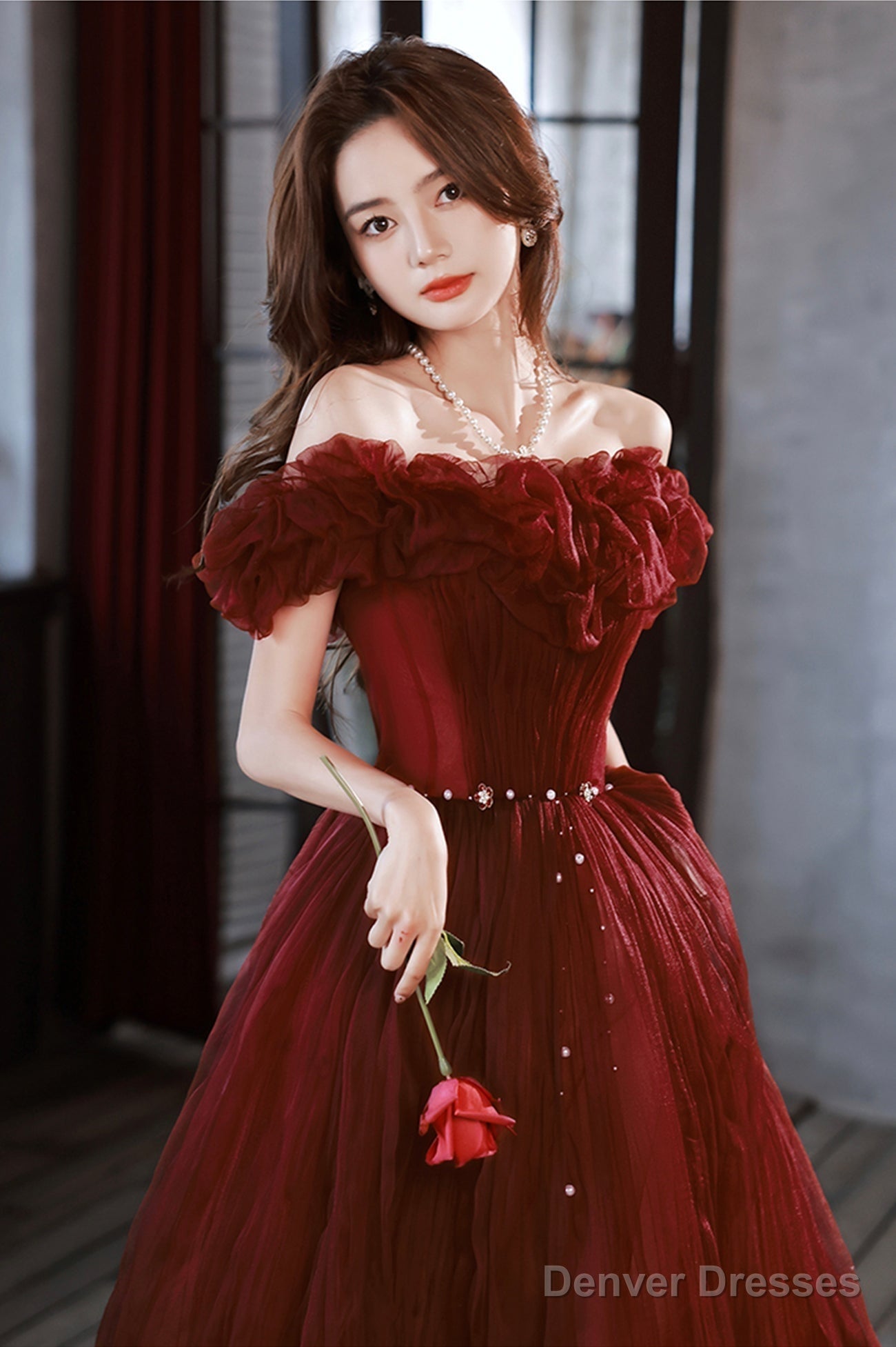 Burgundy Tulle Long A-Line Prom Dress, Cute Off The Shoulder Evening Dress