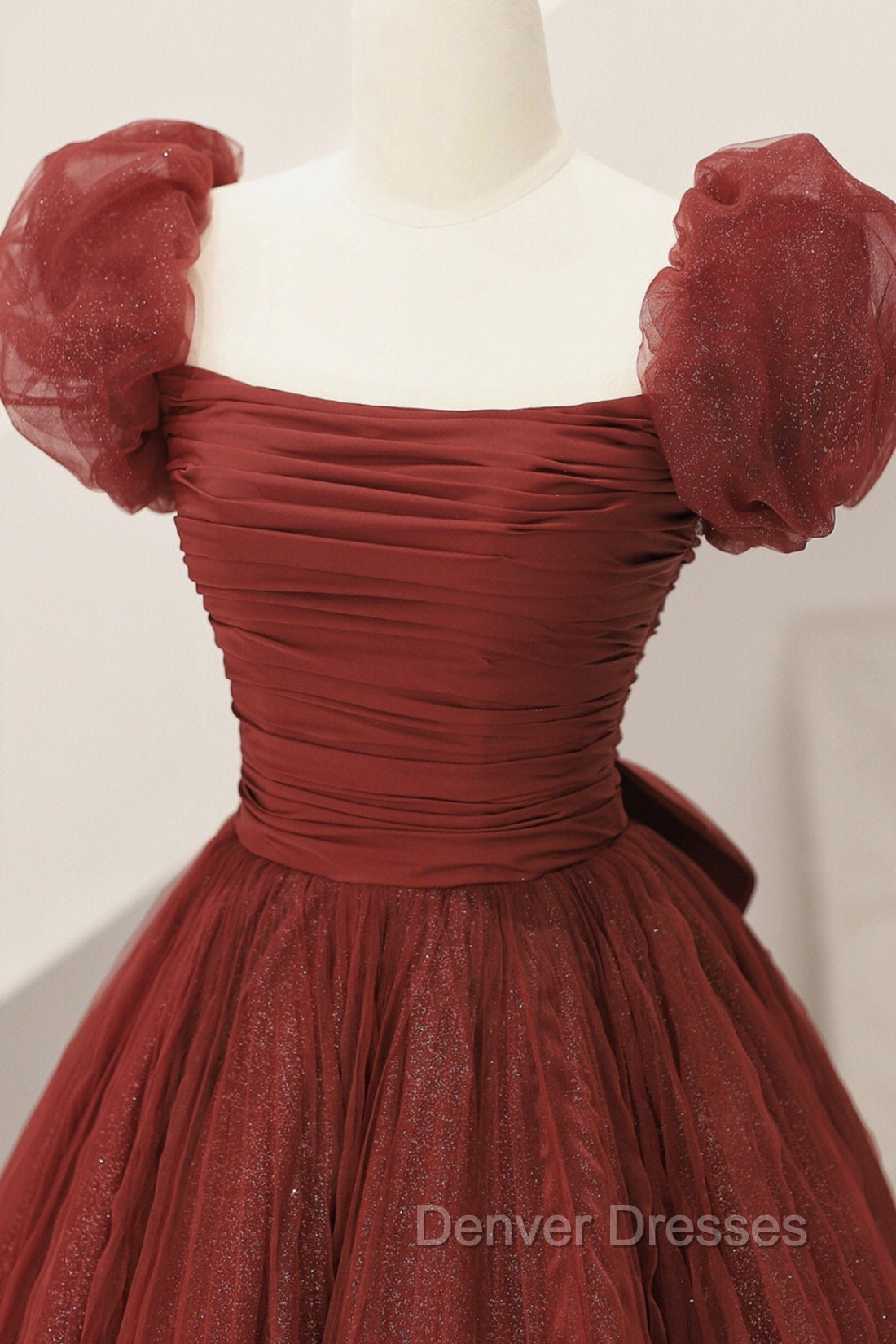 Burgundy Tulle Long A-Line Prom Dress, Cute Short Sleeve Evening Dress Secondary image