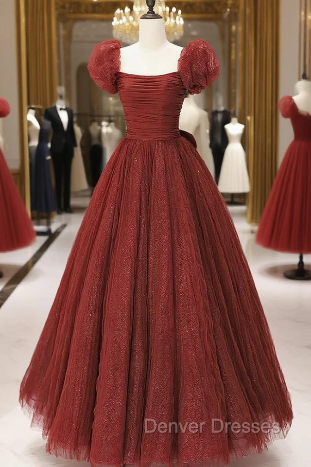 Burgundy Tulle Long A-Line Prom Dress, Cute Short Sleeve Evening Dress Main image