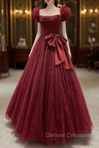 Burgundy Tulle Long A-Line Prom Dress, Lovely Evening Graduation Dress