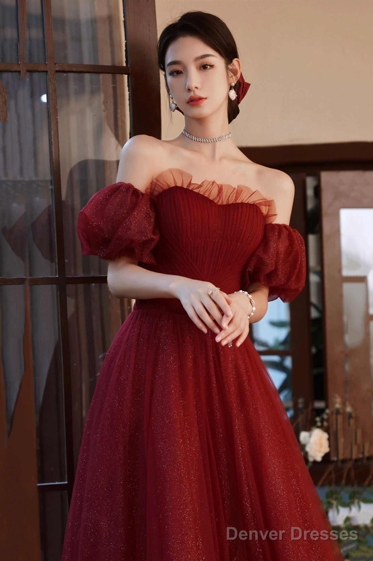 Burgundy Tulle Long A-Line Prom Dress, Off The Shoulder Evening Dress Secondary image